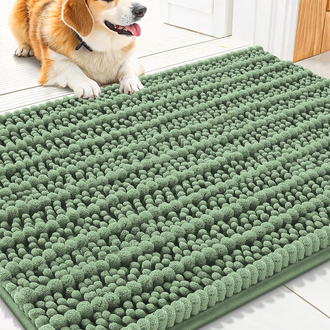 Smiry Dog Door Mat for Muddy Paws 30x20, Extra Soft Absorbent Chenille Doormat, Trap Moisture and Dirt, Non-Slip Machine Washable Front Door Mat for Indoor Entrance Inside Floor, Olive Green