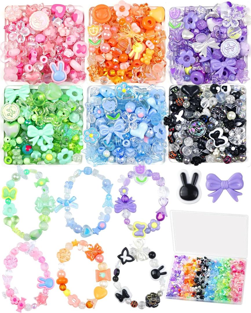 450PCS FIVEIZERO Assorted Acrylic Beads for Bracelet Making, Flower Star Heart Butterfly Candy Gummy Bear Kawaii Aesthetic Cute Beads for Jewelry Making, Keychains, Necklace, Phone Charms, DIY Crafts (6 Colors Bracelet Making Kit)