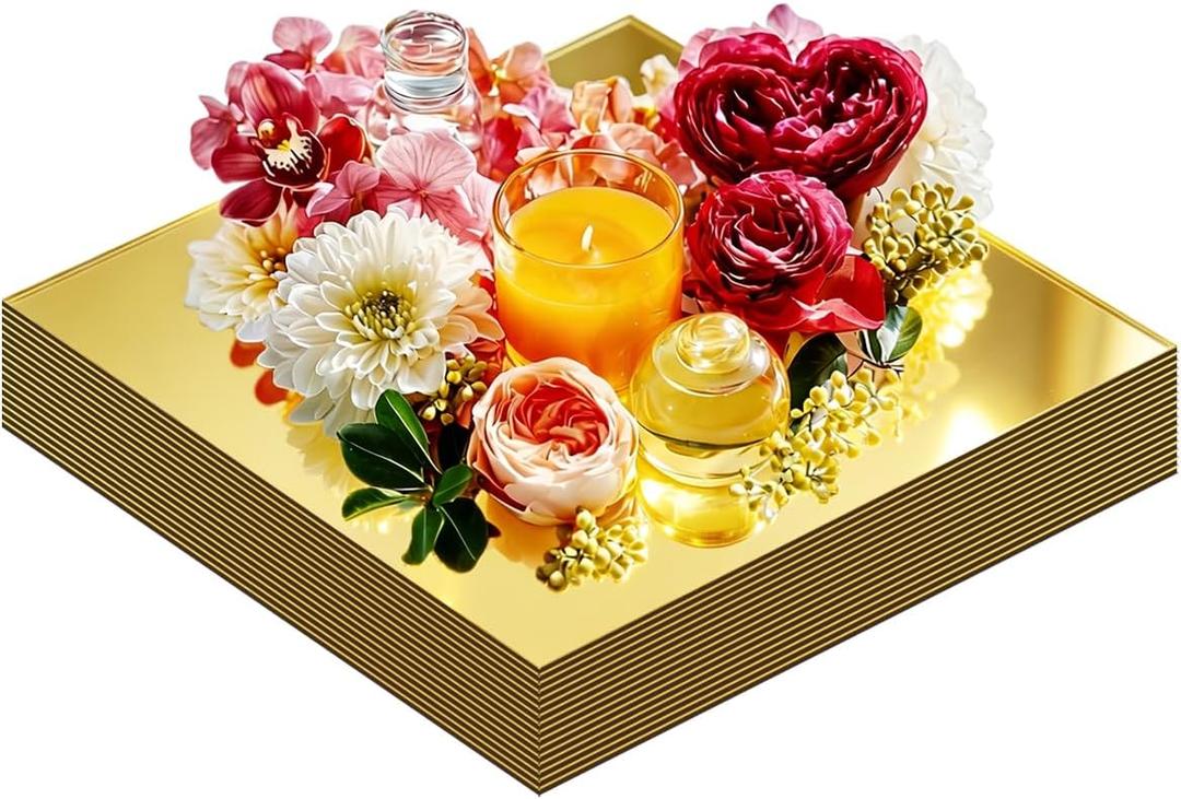 16PCS Square Mirror Centerpieces for Tables, Gold Acrylic Candle Mirror Plates for Table Centerpieces, 10" Mirror Trays for Wedding Birthday Party Centerpieces Decorations