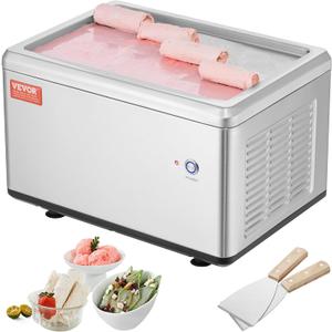 VEVOR Fried Ice Cream Roll Machine, 12.6" x 8.5" Stir-Fried Ice Cream Pan, Stainless Steel Rolled Ice Cream Maker with Compressor and 2 Scrapers, for Making Ice Cream, Frozen Yogurt, Ice Cream Rolls