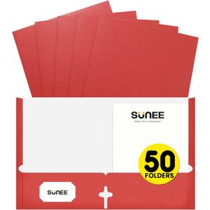 SUNEE Folders with Pockets 3 Hole Punched(50 Pack, Red), 2 Pocket Folders Fit Letter Size Paper, Paper File Folder for School Office Home Business
