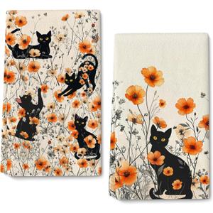 Black Cat Dish Towels,Orange Floral Kitchen Towels Decorative Set of 2,Cute Soft Absorbent Reusable Tea Towel & Hand Towel,Black Cats Kitchen Deccor,Cat Lover Gifts for Woemen