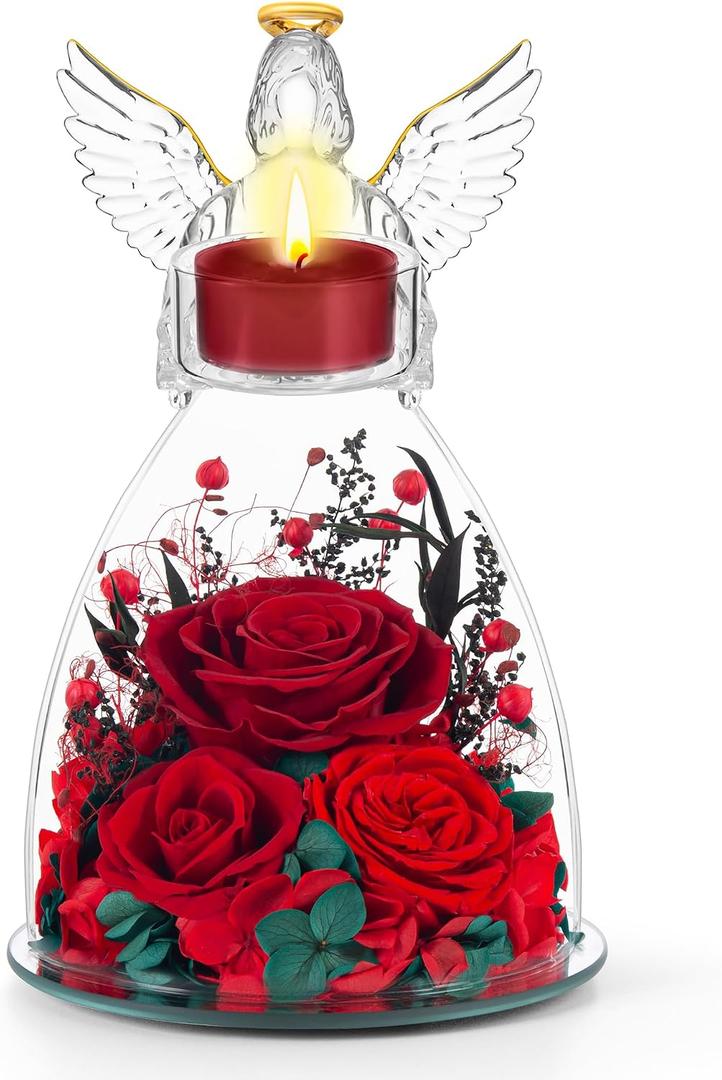 Mothers Day Roses Gifts for Mom, Preserved Roses in Glass Angel Figurines With Tealight Candle Holder,Fresh Flowers for Delivery,Mothers Day Flowers Gifts for Grandma Women Wife from Daughter/Red