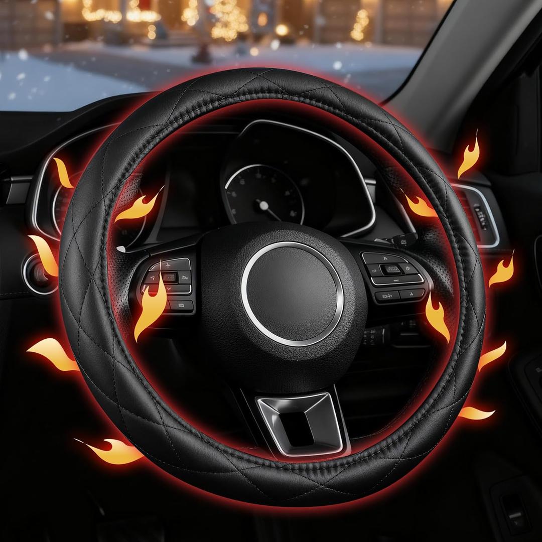 Heated Steering Wheel Cover, Fast Heating PU Leather Wheel Warmer with Non-Slip Lining, Universal Fit 14.515 Inch for Car, SUV & Truck  Black