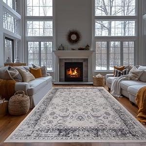 Zentavio Area Rugs 9x12 Washable Non-Slip Kid & Pet Friendly Living Room Carpets Vintage Floral Foldable Thin Low Pile Rug for Bedroom Kitchen Dining Room Grey