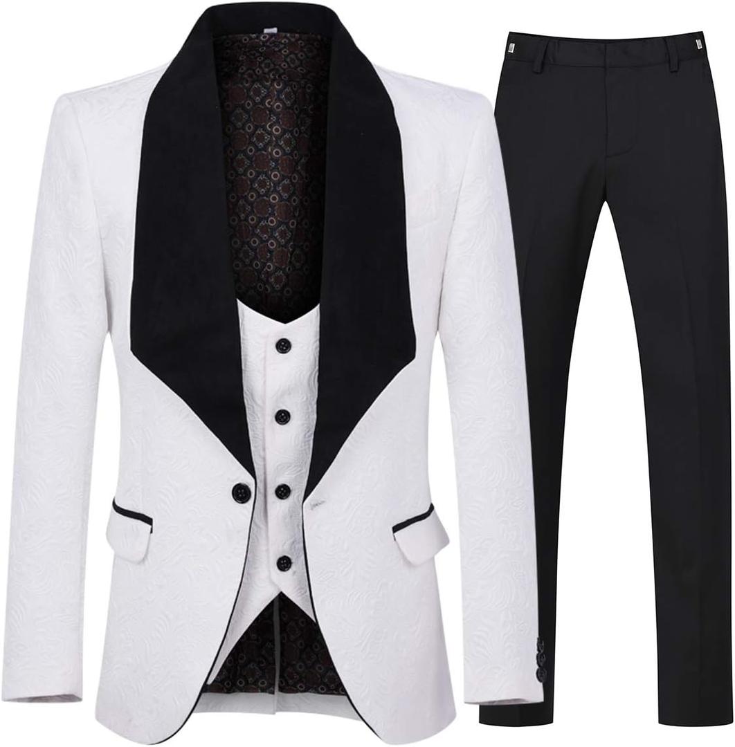YFFUSHI Men's 3 Piece Suit Slim Fit Jacquard Tuxedo One Button Shawl Collar Jacket Vest & Trousers (X-Large, White)
