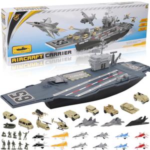 33-Inch Aircraft Carrier Mega Playset - Ultimate Military Battle Set for Boys with Realistic Battleship, Fighter Jets, Toy Soldier Figures, Military Vehicles for Kids Imaginary Pretend Play