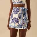 Womens Wrap Mini Skirt Boho Floral Printed Knot Side High Waist A Line Casual Summer Beach Short Skirt (L)