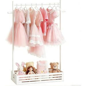 BAMBOOHOMIE Kids Clothing Rack for Toddler, Pets Clothes Rack with Storage Box & Hanging Rod for Dogs/Cats, Baby Clothes Closet Stand for Nursery Room (White, Kids)