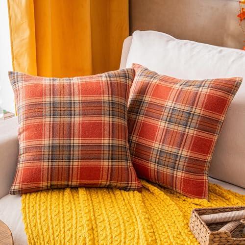 AQOTHES Fall Plaid Orange Throw Pillow Covers 24x24 Inch, Set of 2 Autumn Decorative Throw Pillows for Couch Sofa Bed Living Room Home Decor, Accent Pillow Cases for Farmhouse Couch Cushion Covers