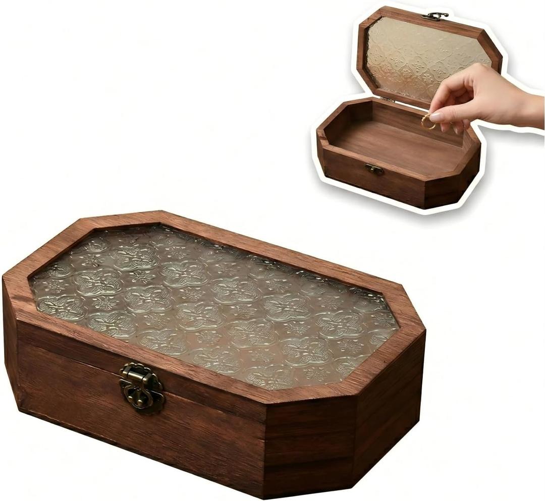 9 Inch Wooden Keepsake Box - Vintage Memory Box For Keepsakes, Decorative Jewelry Storage With Glass Lid - Walnut Wood
