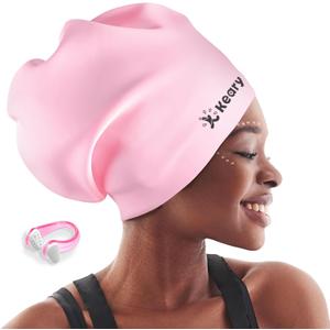 Keary Extra Large Swim Cap for Braids and Dreadlocks Extensions Weaves Long Hair, Waterproof Silicone Cover Ear Bath Pool Shower Swimming Cap for Adult Youth to Keep Hair Dry, Easy to Put On and Off (Pink(XL))