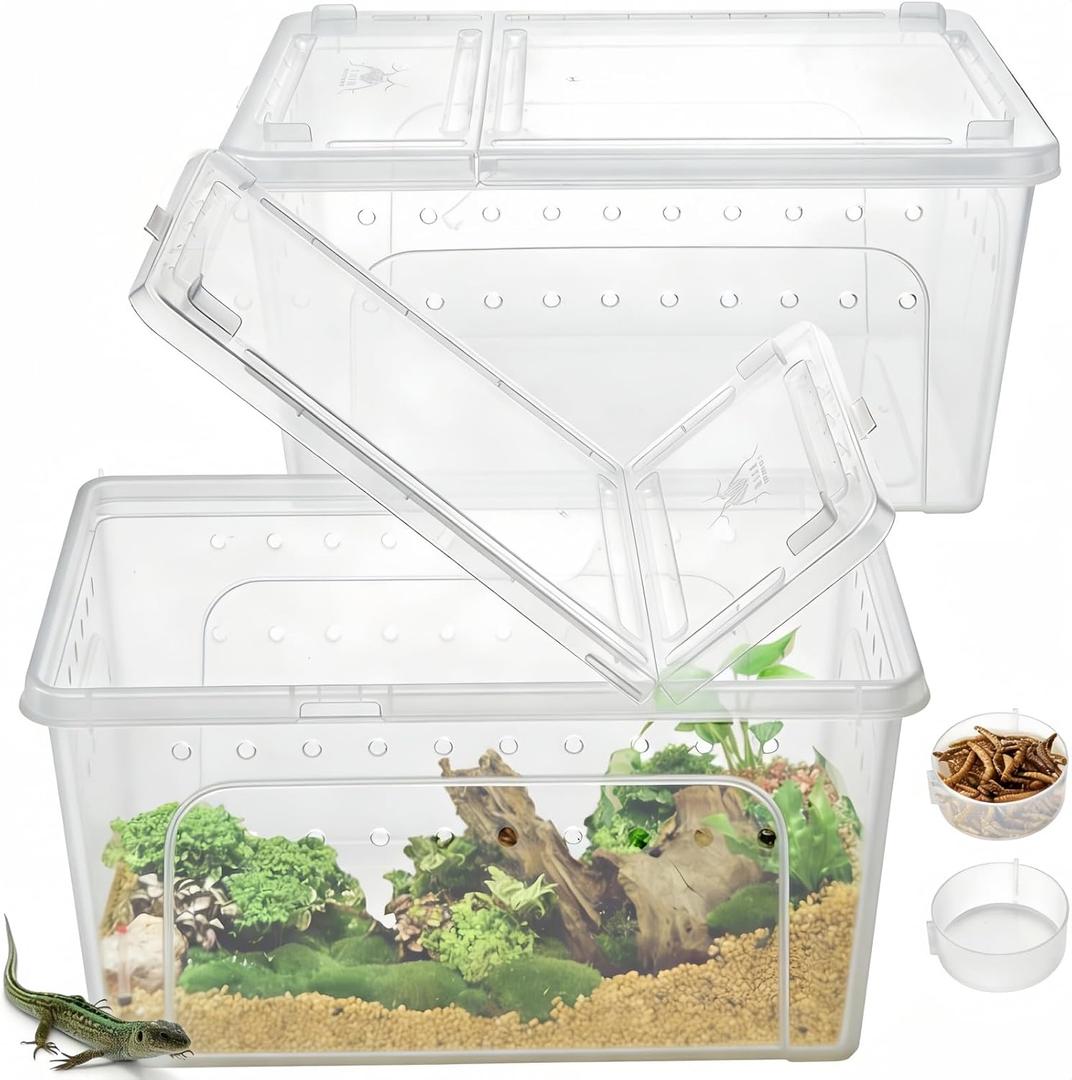 2 Pack Reptile Feeding Box, 12.6"x8.7"x6" Transparent Snake Enclosure Terrarium, Plastic Spider Habitat Cage with Feeding Bowl, Small Hatching Container with Ventilated Lid for Lizard Frog