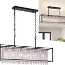 Crystal Chandeliers for Dining Room, Modern Black Chandelier for Living Room, Adjustable Height, 6-Light Pendant Light Fixture, 42 in Large Rectangle Lighting for Kitchen Island Living Room