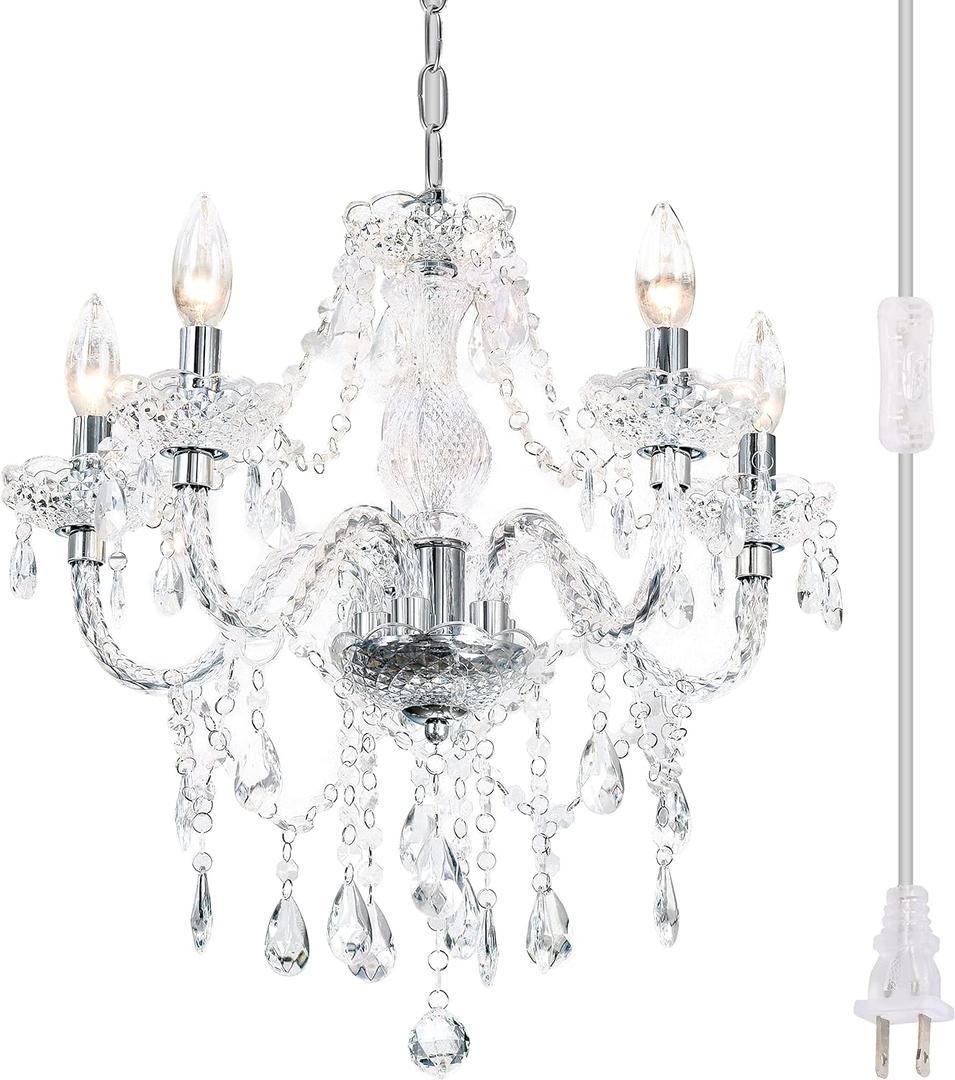 Plug-in 5 Light Crystal Hanging Pendant Lights Acrylic Chandelier with Clear Cord & On/Off Switch H19 D19.7 for Kitchen Island Girls' Room Dining Area Laundry Pavilion.