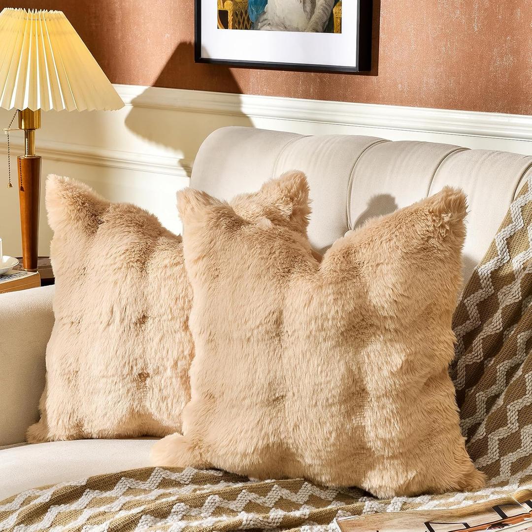 AmHoo Pack of 2 Throw Pillow Covers 3D Dense Faux Rabbit Fur Cozy Super Soft Fuzzy Set Case Cushion for Couch Sofa Bedroom 22 x 22-Inch Camel