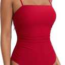 SUUKSESS Women Sexy One Piece Swimsuit Tummy Control Square Neck Bathing Suit Retro Backless Swimwear (Red, XL)