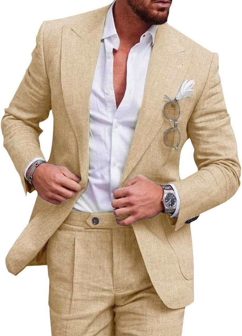 UNINUKOO Linen Suit for Men Summer Wedding 2 Piece Suit Set Peak Lapel Casual Blazer Pants Beach Wear for Men (Beige, Large)