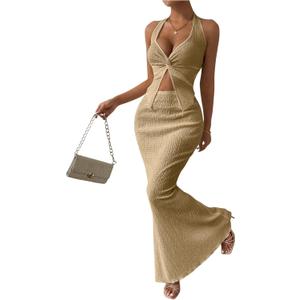 SOLY HUX Women's Two Piece Outfits Twist Front Halter Cami Tops and Skirt Summer Set (Beige, XL)