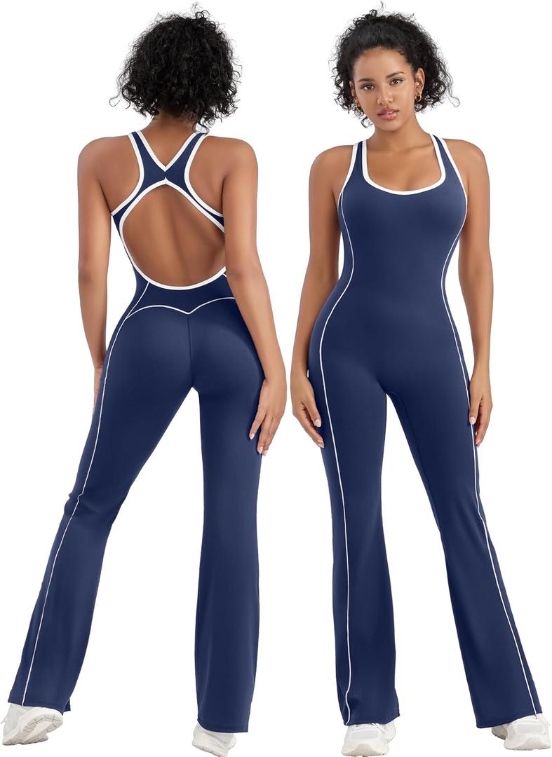 TDIFFUN Women Flare Jumpsuits Backless Workout Hollow One Piece Sleeveless Padded Unitard Sexy Gym Yoga Outfits (Blue, M)