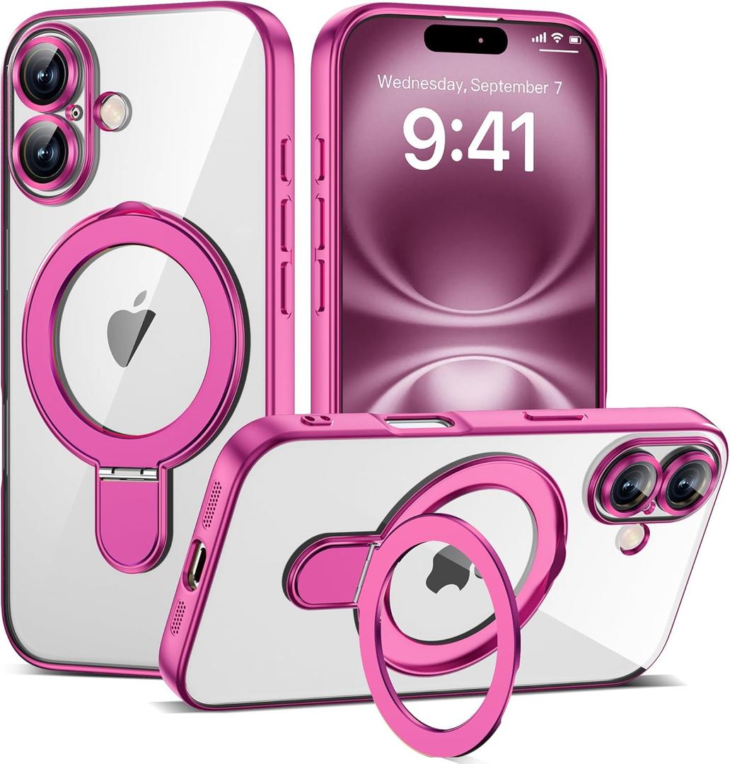 Compatible with iPhone 16 Case with Magnetic Ring Stand [Compatible with Mag-Safe] [Full Camera Lens Protector] Soft Plating Clear Phone Case for iPhone 16 6.1", Rose
