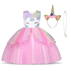 URAQT Unicorn Costume, Princess Unicorn Dress Fancy Dress with Necklace, Headband for Kids & Toddlers Birthday (3T, Pink)