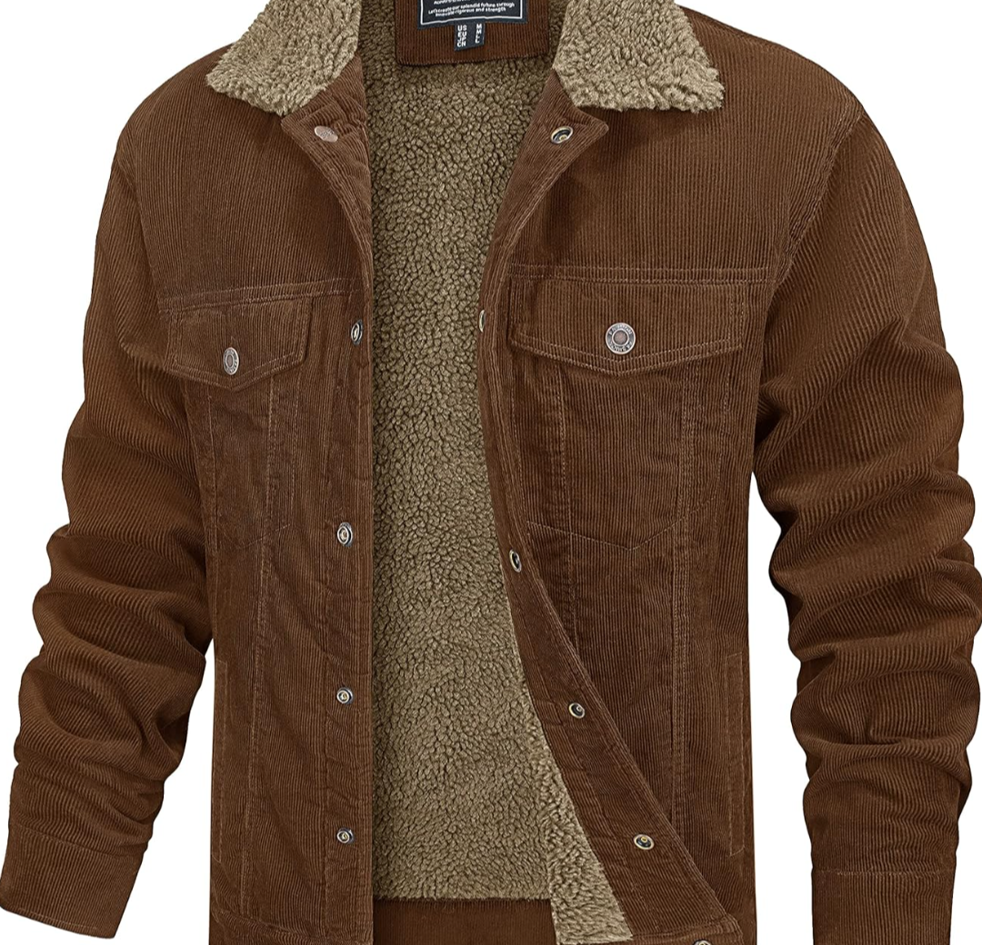 Outdoor Jacket  Men's Corduroy Jacket Sherpa Lined Trucker Jackets Cotton Turn-Down Collar Warm Winter Jacket Casual Coat 5 Pockets, XL
