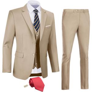 Men's Slim Fit 3 Piece Suit Two Button Business Wedding Dress Tux Suit Set Jacket Vest Pants with Tie (Large, Champagne)