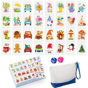 Soulchen 129 Pack 4 Players Mahjong Block Set(1.2'') Tiles Push Game Portable Travel Blue Mahjong Tiles Set with Carry Bag for Spring Summer Family Friends Party Game Gift, 32 Seasonal Pattern