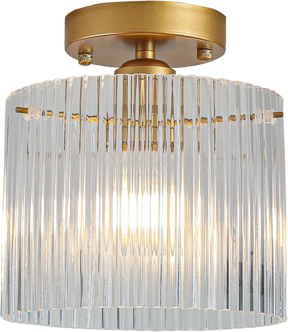 Modern Semi Flush Mount Ceiling Light, Industrial Clear Glass Ceiling Light Fixture, Crystal Ceiling Lamp, Modern Ceiling Lamps, Farmhouse Light for Entryway Hallway Kitchen Dining Room (Gold)