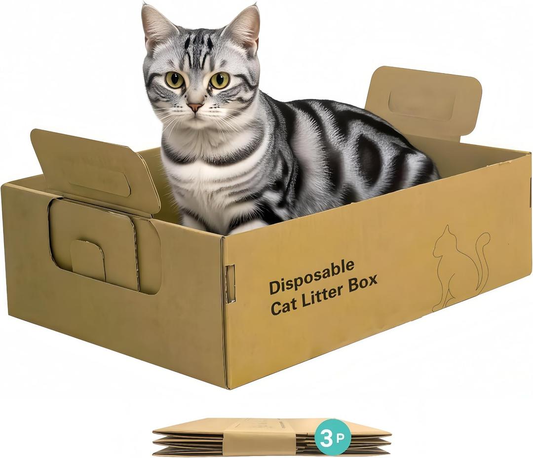 3 Packs of Disposable cat Litter Boxes17.2'' x 12.2'' x 5.3''. 100% Recyclable Paper, eco-Friendly and Healthy. with Convenient Handles, Waterproof and Durable. Perfect for Home or Travel.