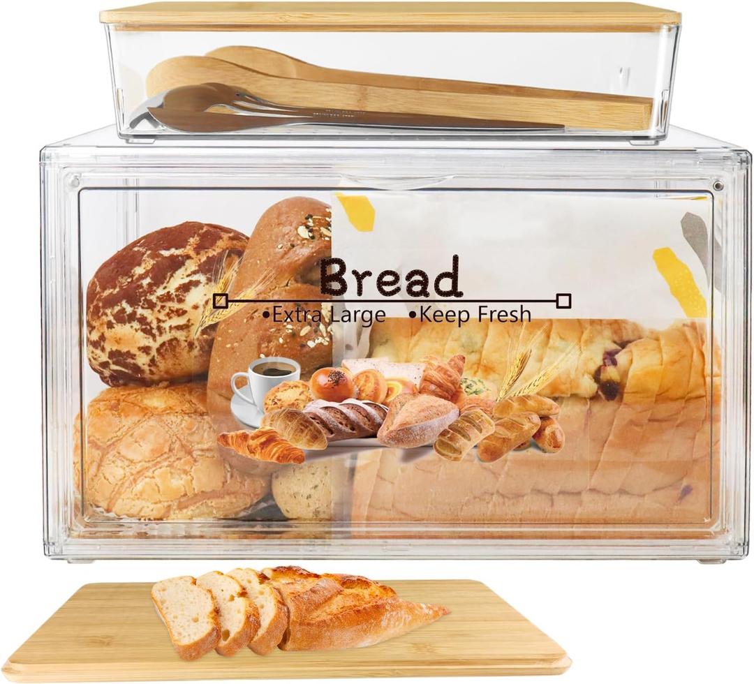 RISICULIS Large Bread Box for Kitchen Countertop, Bread Storage Container, and Utensil Organizer with Bamboo Cutting Board Lid, Clear Bin, Keeper for Homemade Bagel, Muffins, Rolls