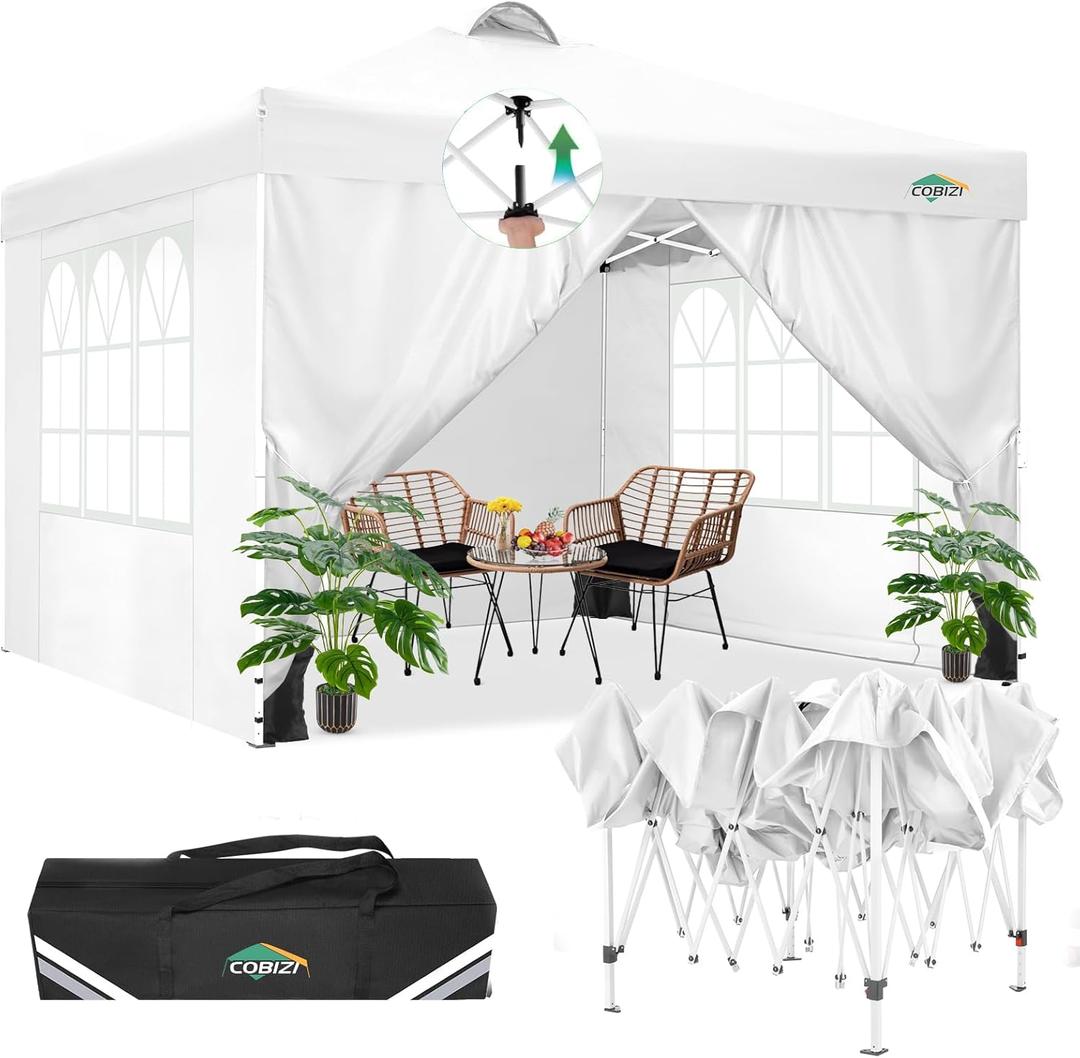 COBIZI Canopy Tent 10x10 Pop Up Outdoor Canopies with 4 Sidewalls Waterproof Commercial Instant Gazebo Tents for Party Patio Backyard with 4 Sandbags, 4 Stakes & 8 Ropes, White