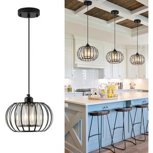 Black Pendant Light Fixture, Farmhouse Hanging Lights with Crystal, Adjustable Mini Kitchen Pendant Light, Modern Industrial Metal Wire Caged Hanging Pendant Lamp for Living Room, Bedroom