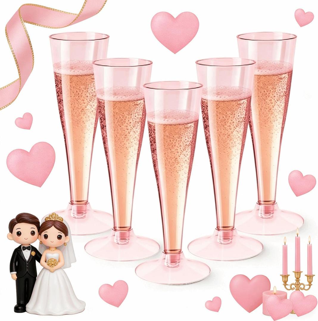 40 Pack Pink Champagne Flutes Plastic Wine Glasses Disposable, 4.5 Oz Clear Mimosa Glasses for 2026 Engagement Wedding Birthday Women's Day Party Supplies, Bulk Toasting Cocktail Cups