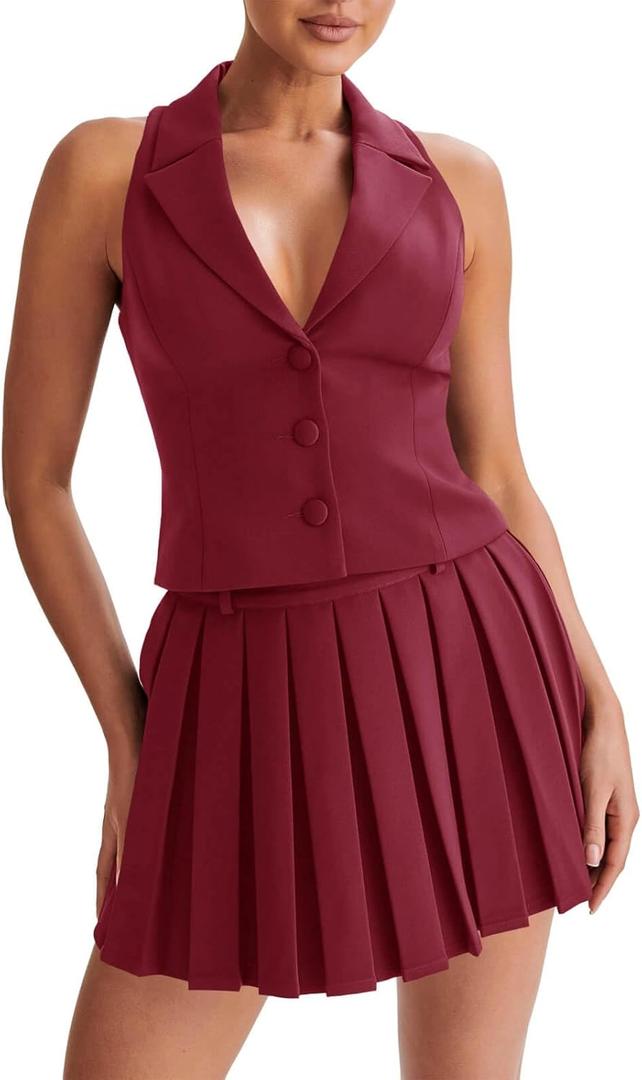 Cicy Bell Womens Summer 2 Piece Outfits V Neck Blazer Vest Matching Sets and Mini Pleated Skirts (Medium, Burgundy)