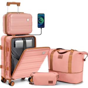 imiomo Carry on Luggage Airline Approved with Front Pocket and USB Port, Hard Shell 20 Inch Travel Carry-on Suitcase with Spinner Wheels and TSA Lock, Pink 4 piece set (BD/TB/13/20)
