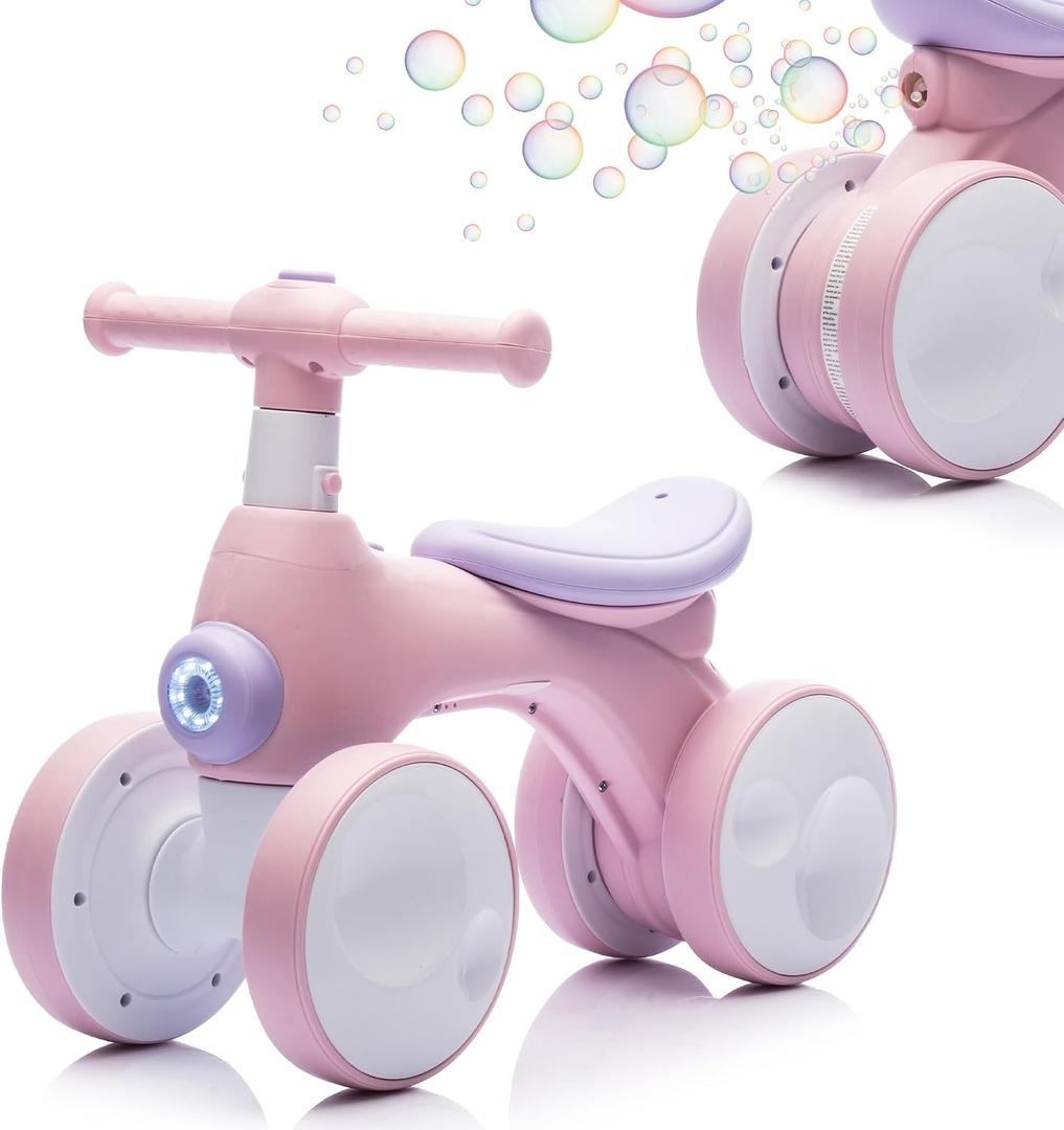 Baby Toddler Balance Bike with Bubble Machine for 1 Year Old Children,4 Wheels Kids Balance Bike w/Bubble Maker,Kids Ride on Toys w/Music,Headlight for Ages 12-36 Months Boys Girls (Light Pink), Large