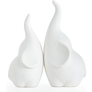 Ceramic Elephant Figurines with Trunk Up,Ring Holder,Elephant Statue African Home Decor,A Pair of Small Lucky Sculpture,Ideal for Gifts Women,Valentine Decor and Christmas (White)