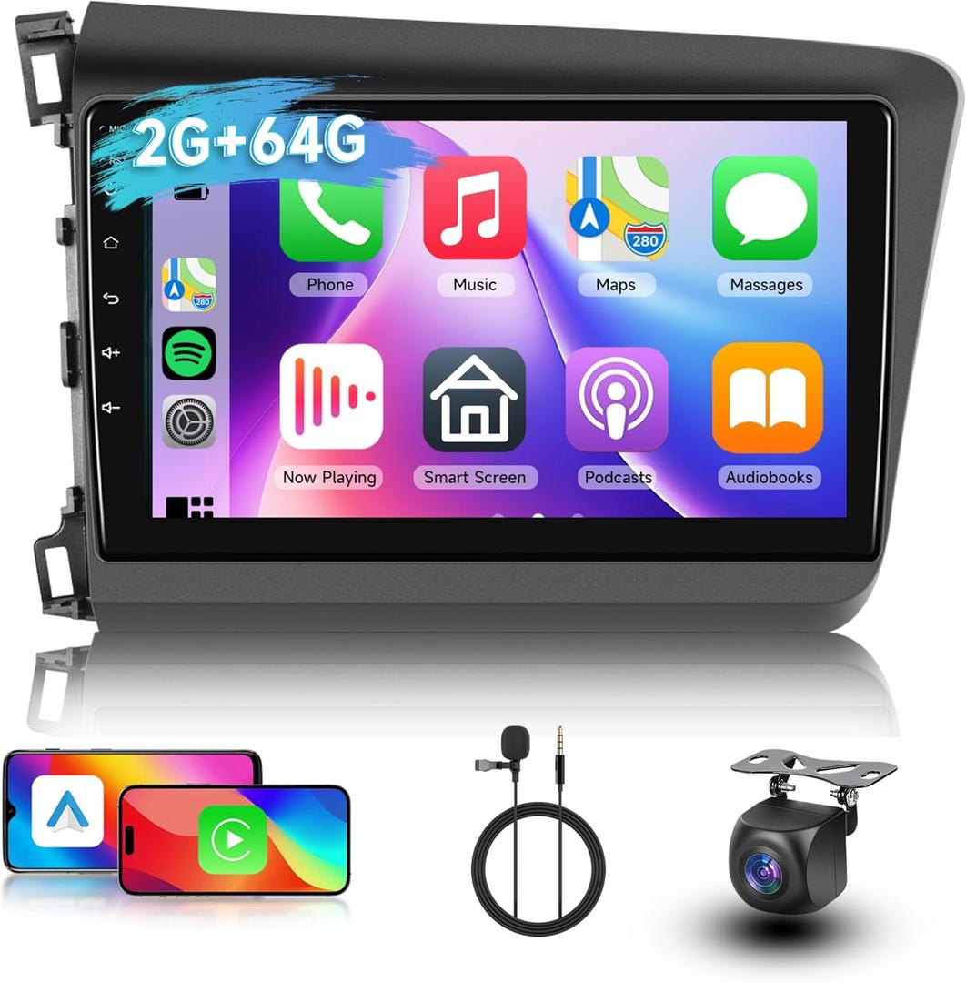 [2G+64G] Car Radio for Honda Civic 2012 2013 2014 2015 Android Car Stereo Carplay Wireless Android Auto, Hodozzy 9 inch Touch Screen with GPS/WiFi/Bluetooth, FM RDS, Mirror Link,Backup Camera
