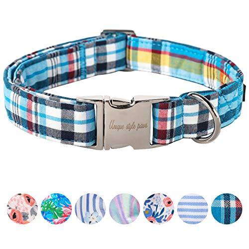 Unique Style Paws Dog Collar with Metal Buckle - Blue Plaid Collar Gift for Small, Medium & Large Dogs