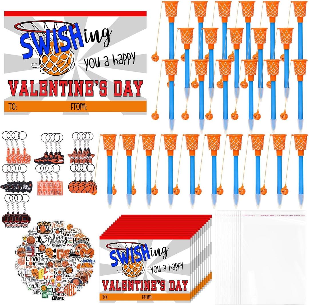 28 Pack Basketball Party Favor Set with Mini Hoop Pens Keychains Stickers Exchange Cards and Gift Bags Bulk Gifts Sports Birthday Goodie Bag Fillers for Adult