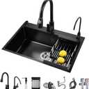ARTLINE Black Kitchen Sink, Stainless Steel Single Bowl Sink, Drop In/Topmount Workstation Sink with Sliding Accessories, Farmhouse Workstation sink with Multiple Accessories (23.6 x 17.7in), RXZE031