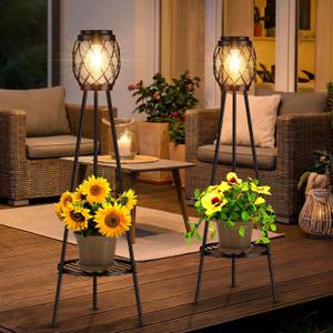 MXwcy 2 Pack Solar Lights Outdoor with LED Edison Bulbs, Vintage Style Solar Floor Lamp with Plant Stands, Weatherproof Garden Lights for Pathway, Patio, Yard, Porch Decor 8-10 Hours Lighting