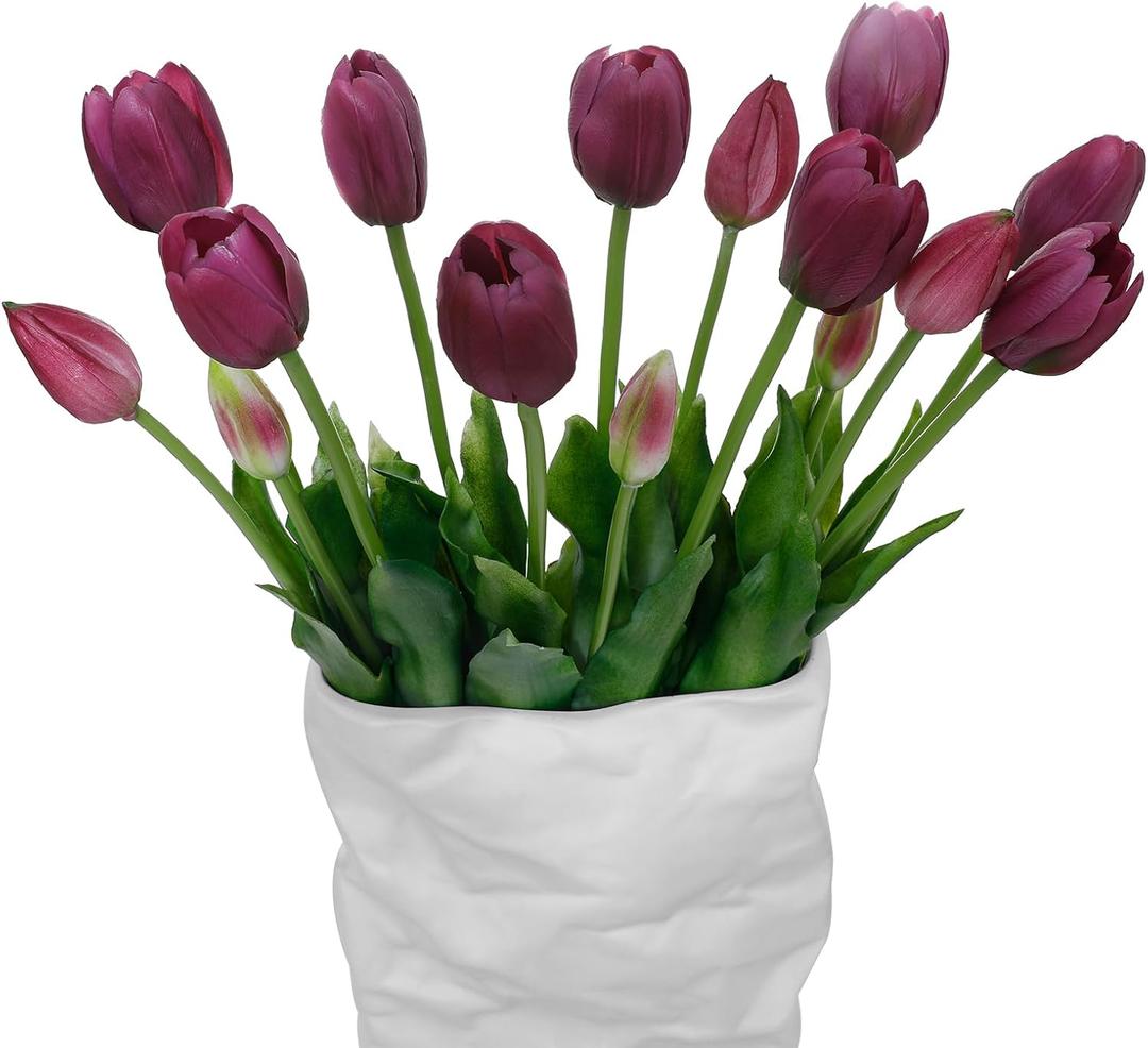 15 Pcs Deep Purple Artificial Tulips Fake Flowers, Premium Latex Lifelike Texture, UV Resistant Waterproof Faux Tulip Bouquets with Snap-on Petals for Outdoor, Home, Wedding Decor