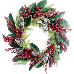 Huashen Spring Winter Front Door Wreath 24 Inch Winter Wreaths for Front Door with Pine Cones and Red Berries, PU Magnolia Christmas Wreaths Perfect for Indoor or Outdoor Decor Thanksgiving Dcor (Red Green Brown)