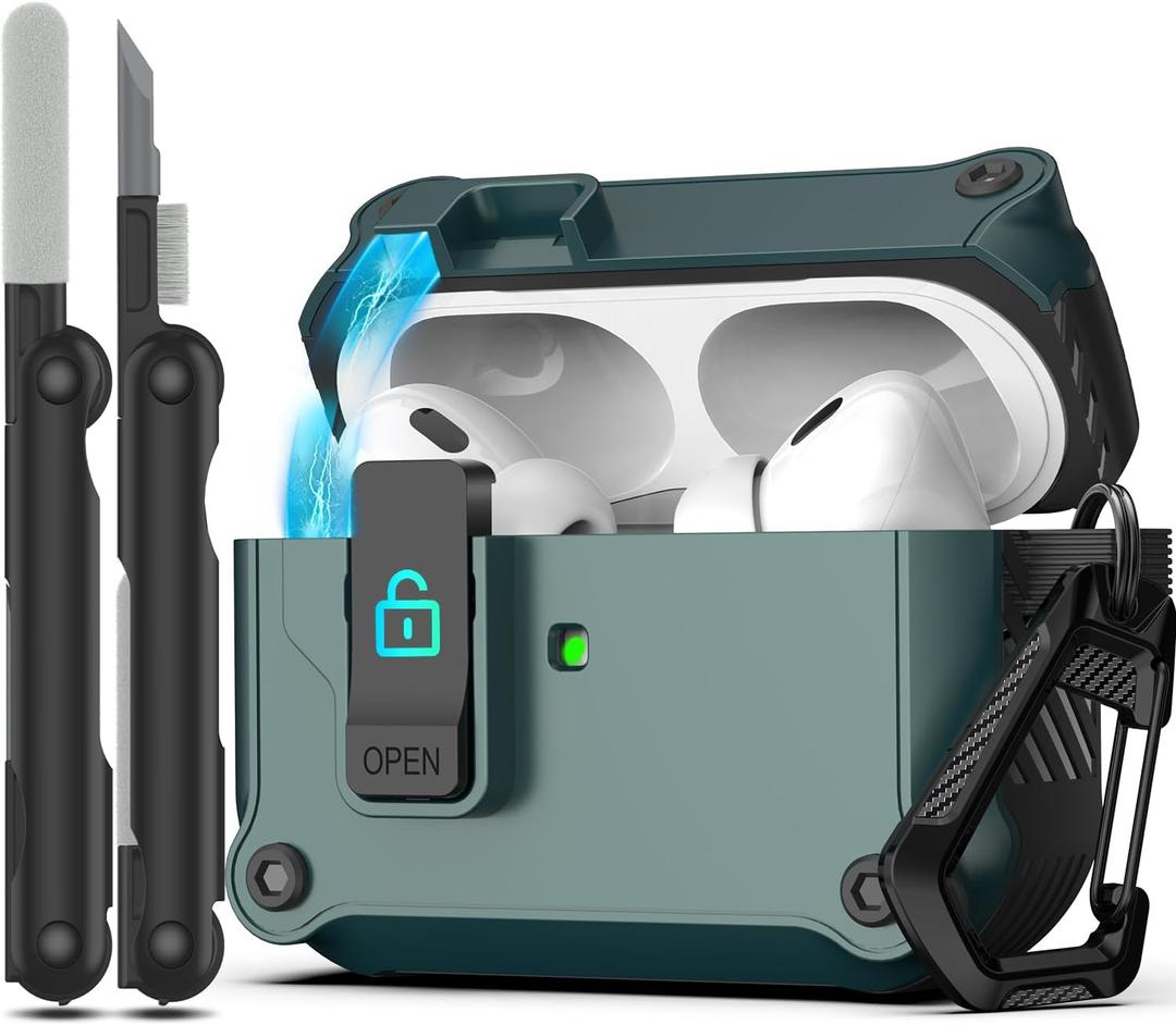 RFUNGUANGO AirPods Pro Case Cover with Secure Lock Clip, Automatic Pop-up, Full-Body Shockproof Hard Protective Cover for AirPods Pro 2/1/Gen - Pine Needle Green