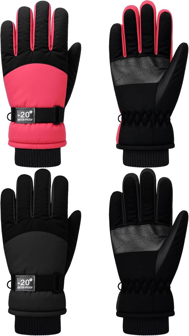 SATINIOR 2 Pairs Kids Waterproof Winter Snow Gloves Ski Gloves for Boy Girl Outdoor Warm Thickening Snowboar (6-10 Years, Cute Pink, Black)