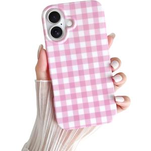 Skyseaco for iPhone 16 Case Cute Aesthetic Gingham Phone Case Soft Slim TPU Shockproof Phone Cover for Women Girls - Pink