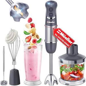 Mueller Multistick 800W 4-in-1 Immersion Blender Handheld, 12 Speed Hand Mixer - Turbo Boost, Heaviest Duty Copper Motor, Titanium Blades Hand Blender, Milk Frother Wand, Whisk, Beaker, Chopper, Grey